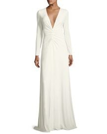 Halston Long-Sleeve Ruched-Front V-Neck Gown at Neiman Marcus